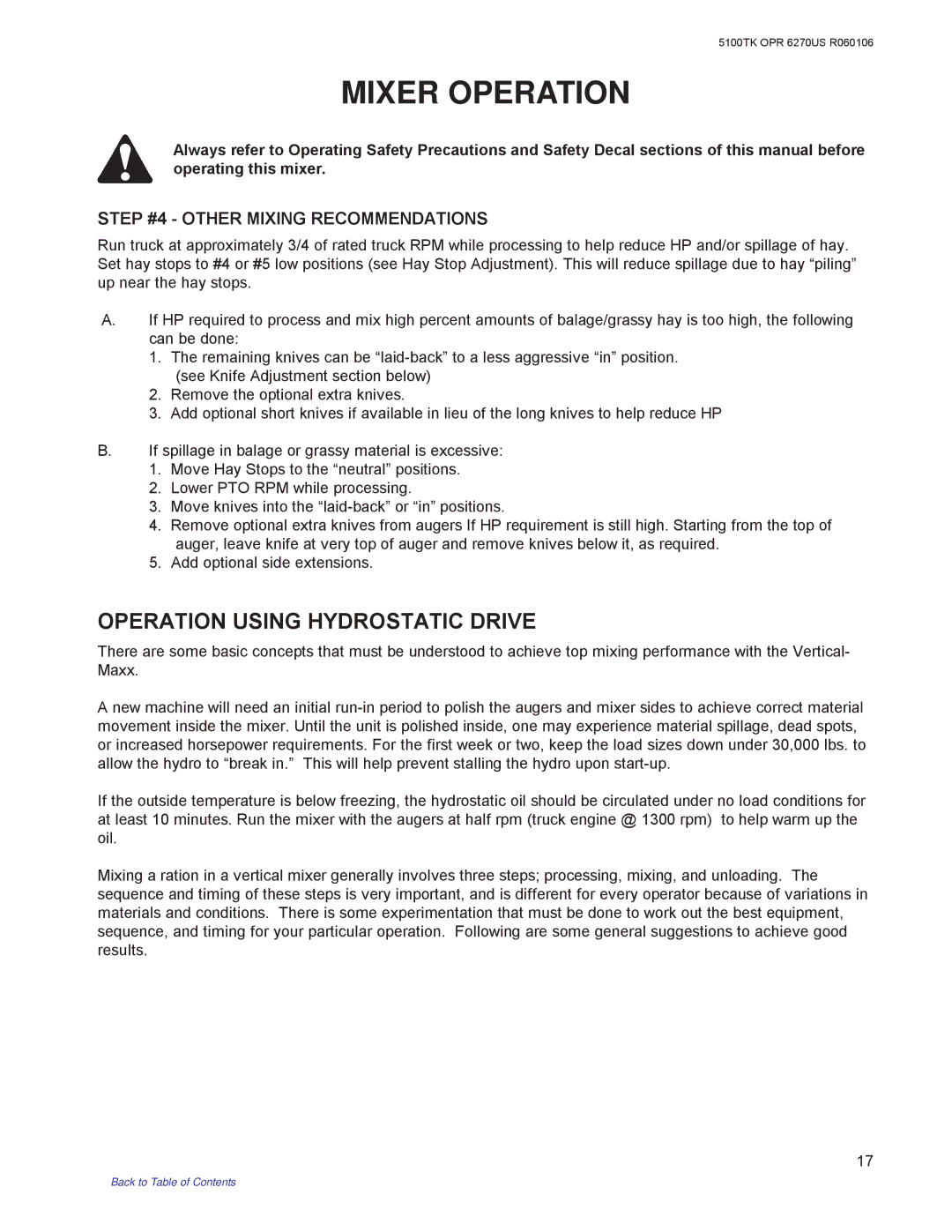 Kuhn Rikon 5100 instruction manual Operation Using Hydrostatic Drive, Step #4 Other Mixing Recommendations 