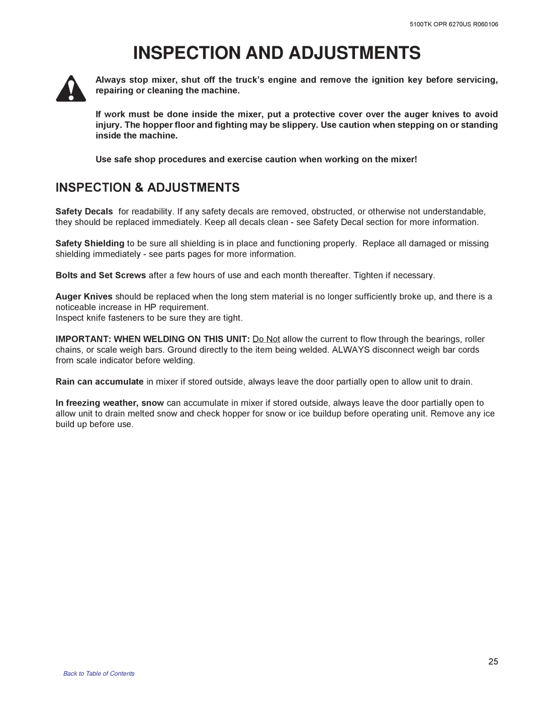 Kuhn Rikon 5100 instruction manual Inspection and Adjustments, Inspection & Adjustments 