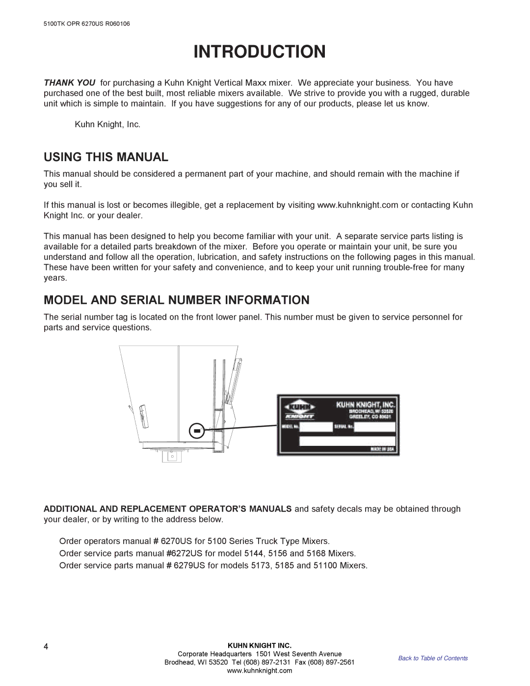 Kuhn Rikon 5100 instruction manual Introduction, Using this Manual, Model and Serial Number Information 