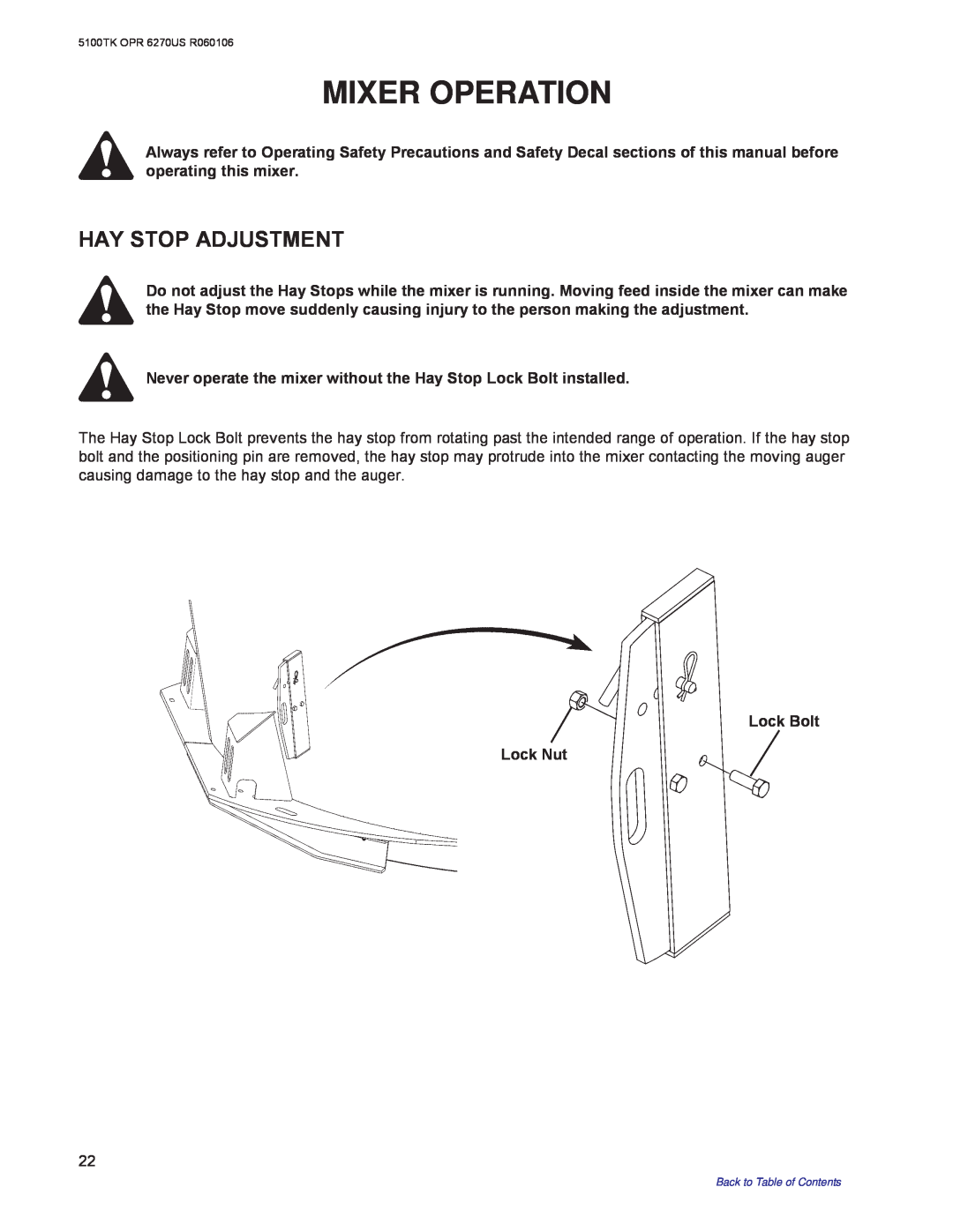 Kuhn Rikon 5100 instruction manual Hay Stop Adjustment, Mixer Operation 
