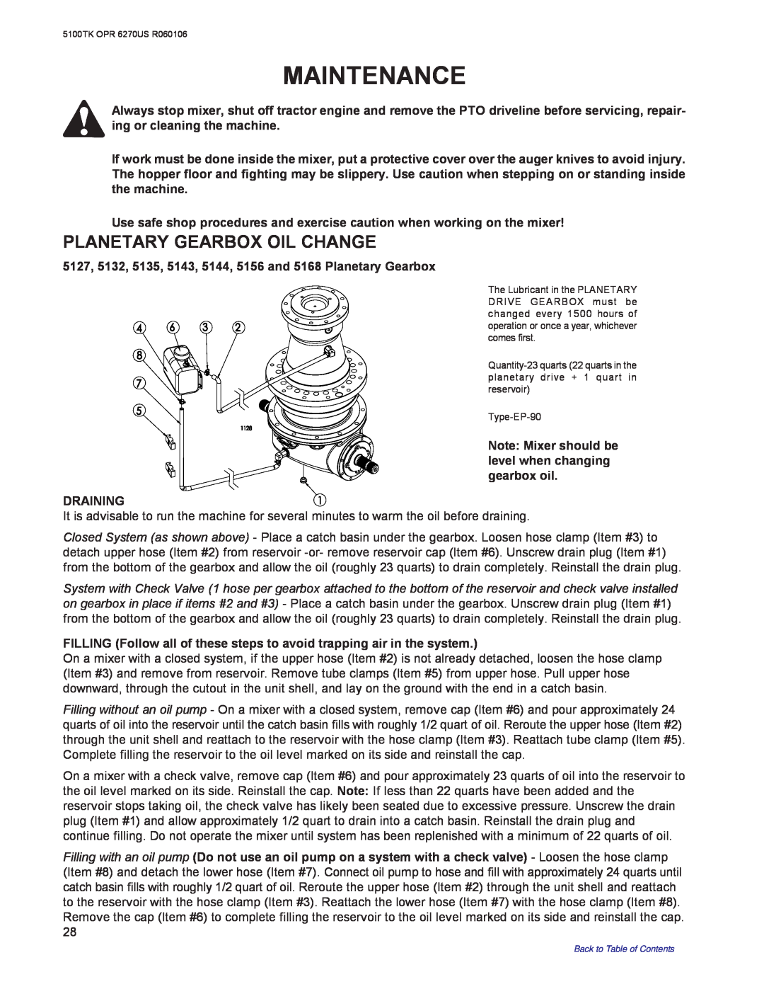 Kuhn Rikon 5100 instruction manual Maintenance, Planetary Gearbox Oil Change 