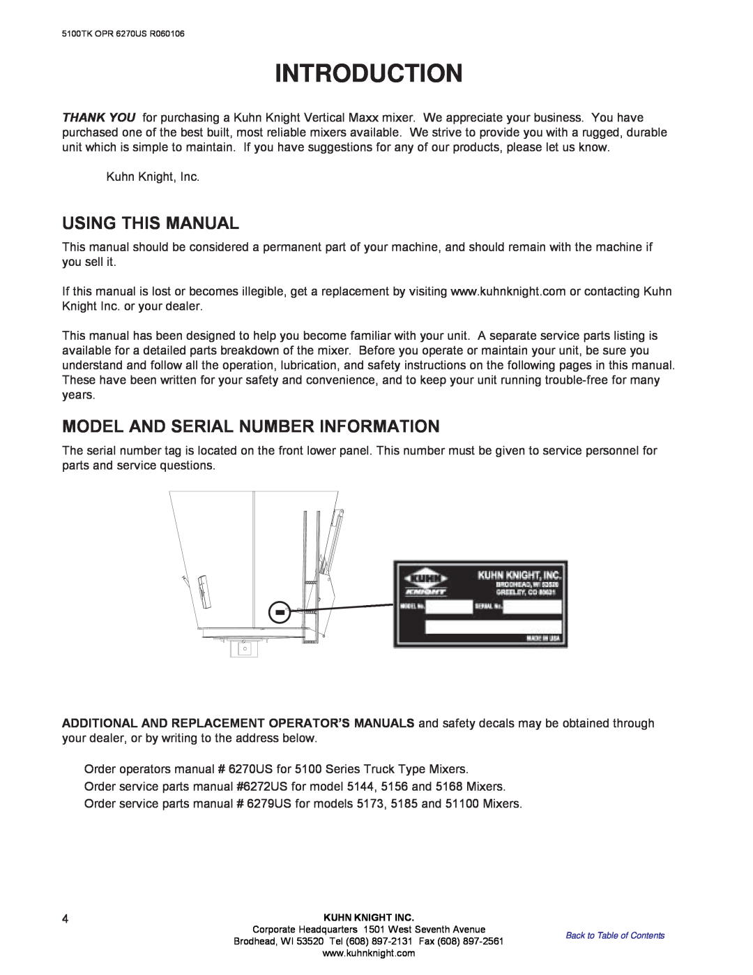 Kuhn Rikon 5100 instruction manual Introduction, Using This Manual, Model And Serial Number Information 
