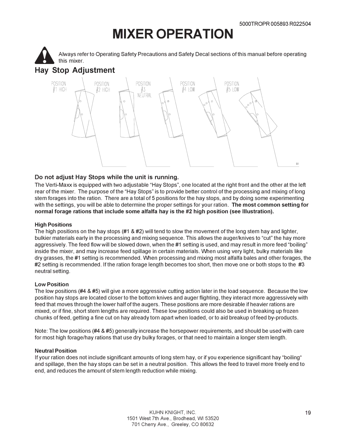 Kuhn Rikon 5000 Series, Verti-Maxx Mixer Hay Stop Adjustment, Do not adjust Hay Stops while the unit is running 