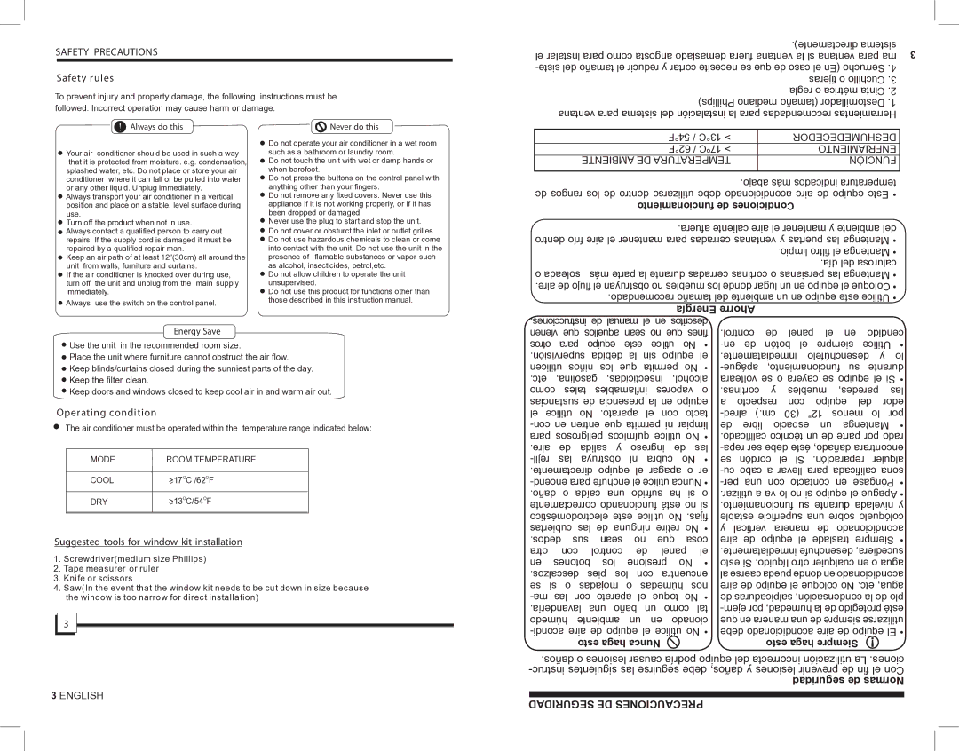 Kul KU32085 manual Seguridad DE Precauciones, Safety Precautions, Safety r ules, Operating condition 