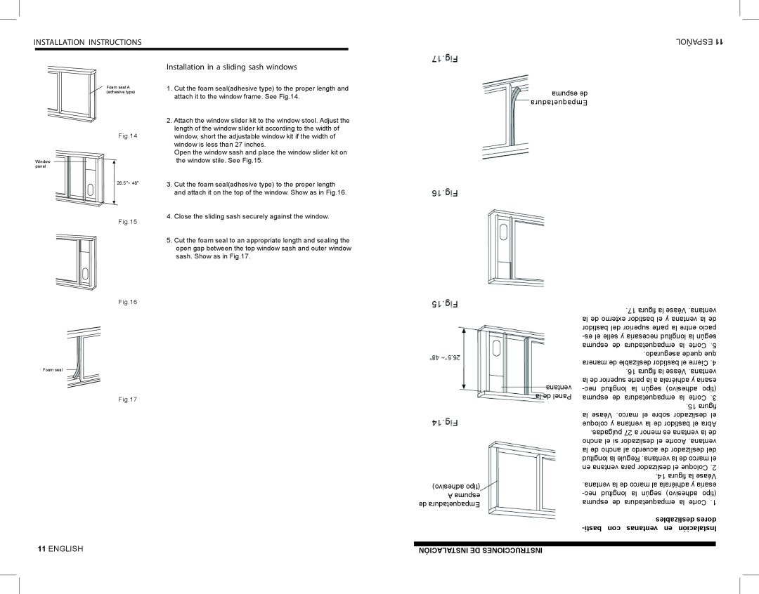 Kul KU32085 manual INSTALLATION INSTRUCTIONS Installation in a sliding sash windows, ESPAÑOL11, English 