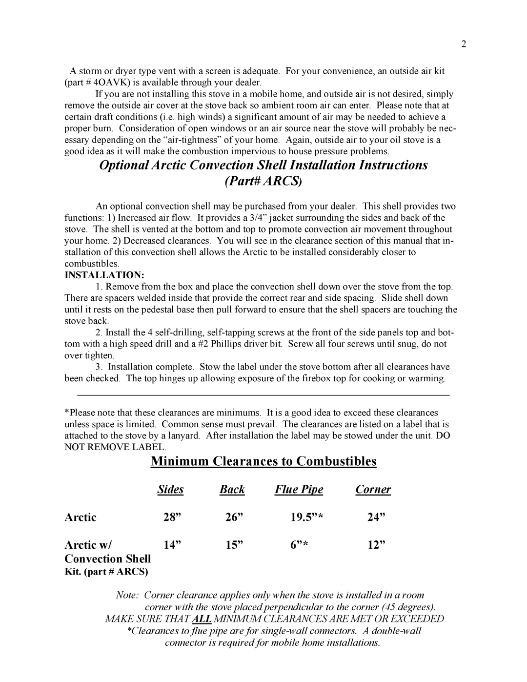 Kuma Stoves AR-8, AR-7, AR-10 user manual Minimum Clearances to Combustibles, Installation 