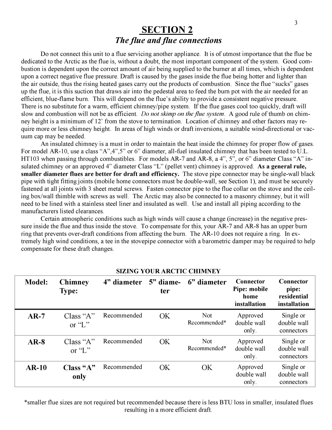 Kuma Stoves AR-7, AR-8, AR-10 user manual Flue and flue connections, Sizing Your Arctic Chimney 