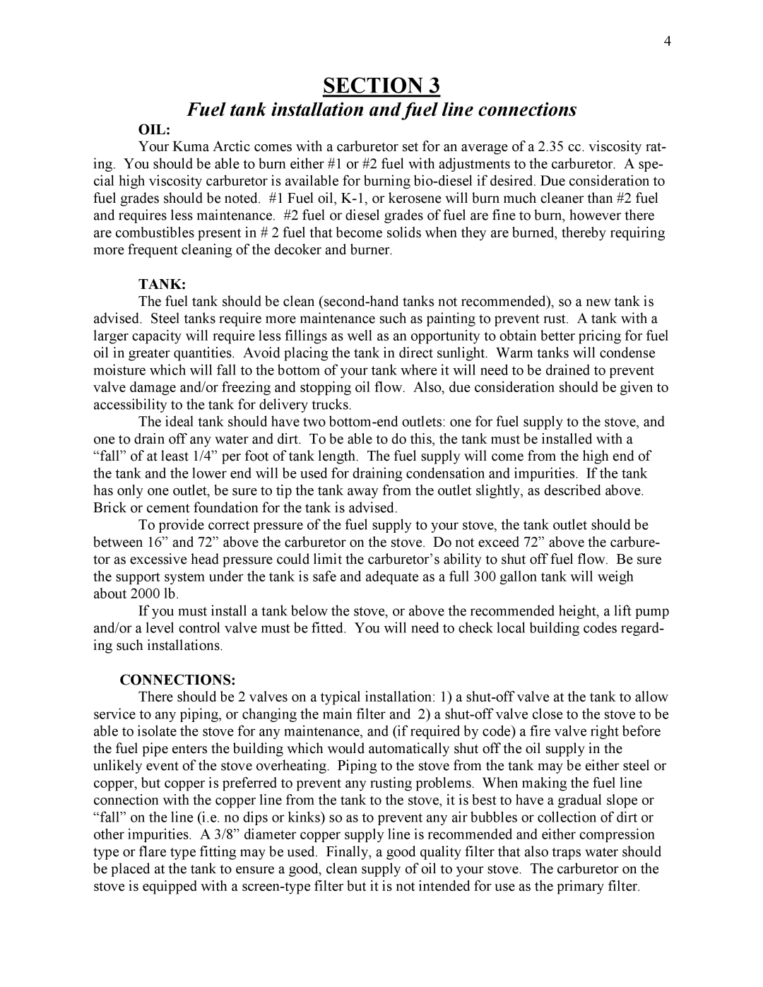 Kuma Stoves AR-10, AR-8, AR-7 user manual Fuel tank installation and fuel line connections, Oil, Tank, Connections 