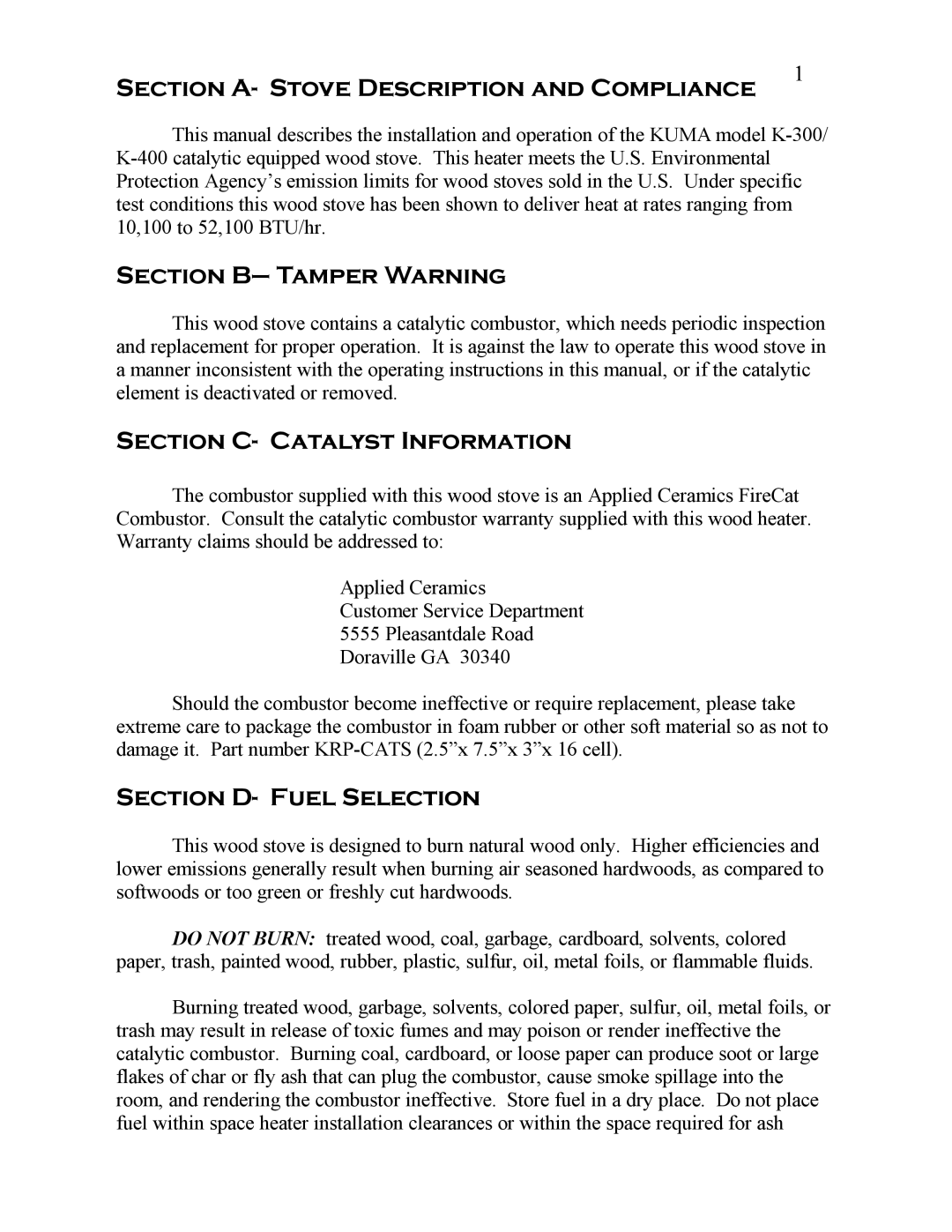 Kuma Stoves K-400 Section A- Stove Description and Compliance, Section B- Tamper Warning, Section C- Catalyst Information 