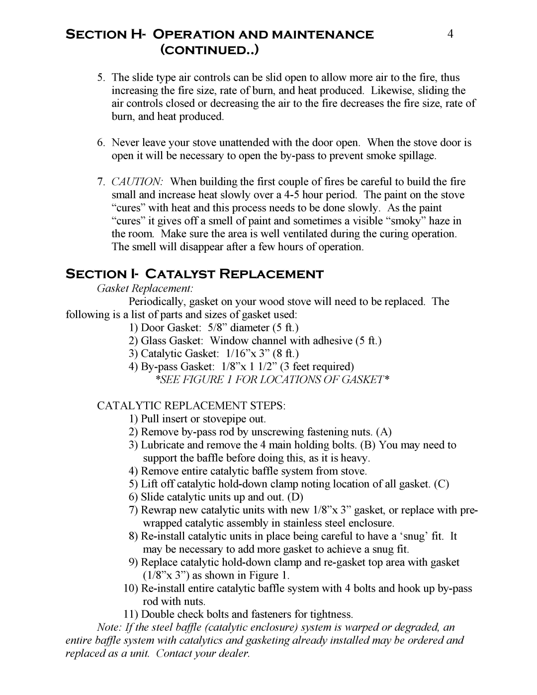 Kuma Stoves K-300, K-400 manual Section I- Catalyst Replacement, See for Locations of Gasket 