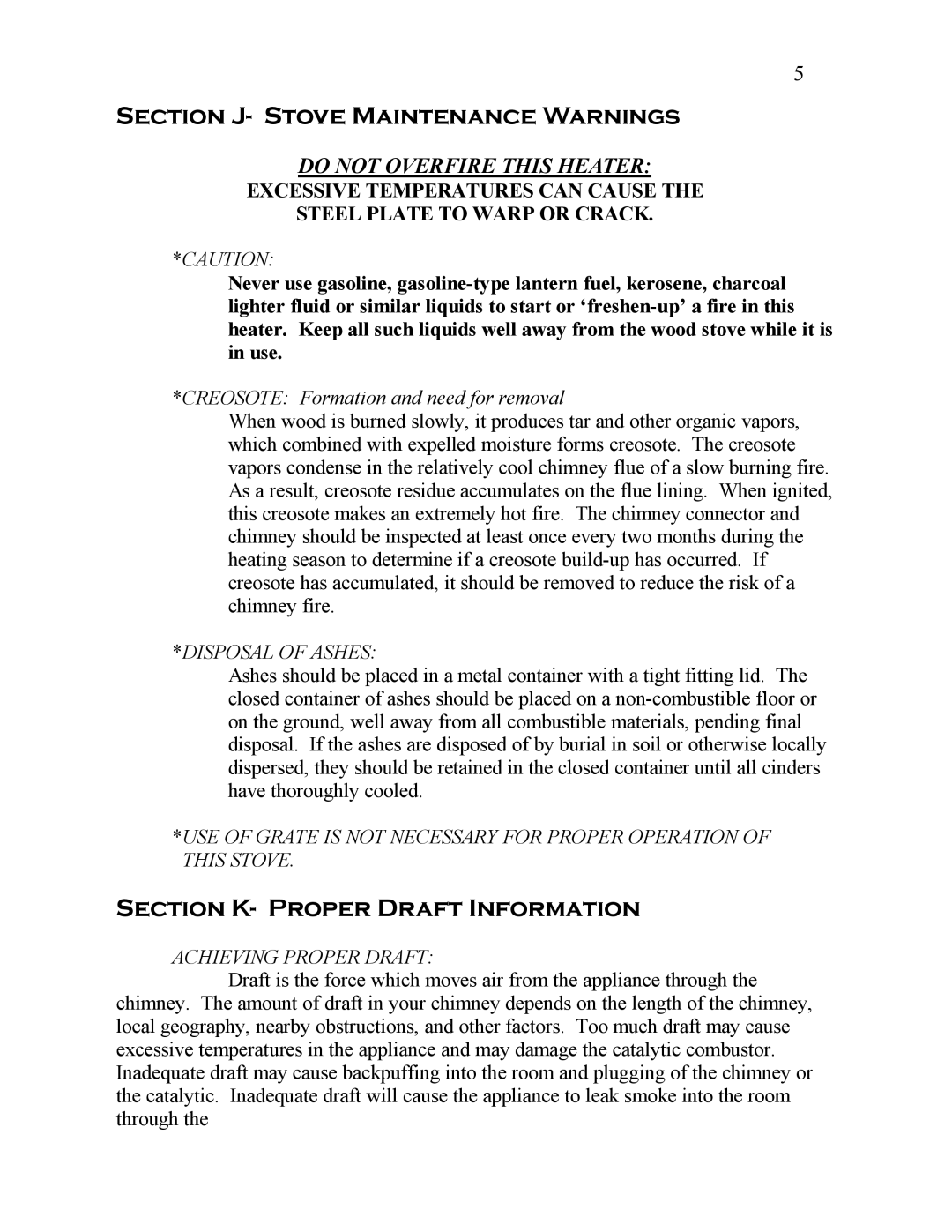 Kuma Stoves K-400, K-300 Section J- Stove Maintenance Warnings, Section K- Proper Draft Information, Disposal of Ashes 