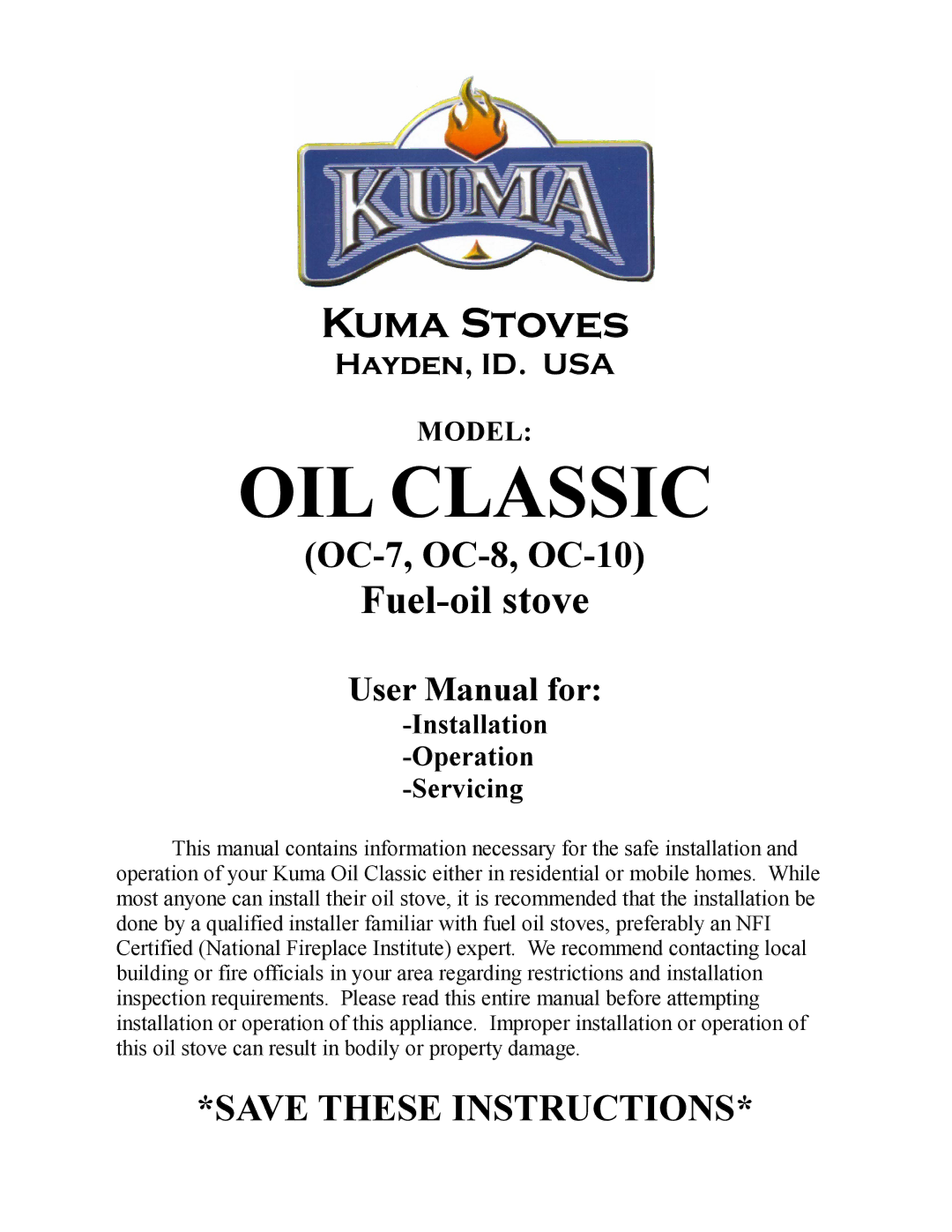 Kuma Stoves OC-8, OC-7, OC-10 user manual OIL Classic 