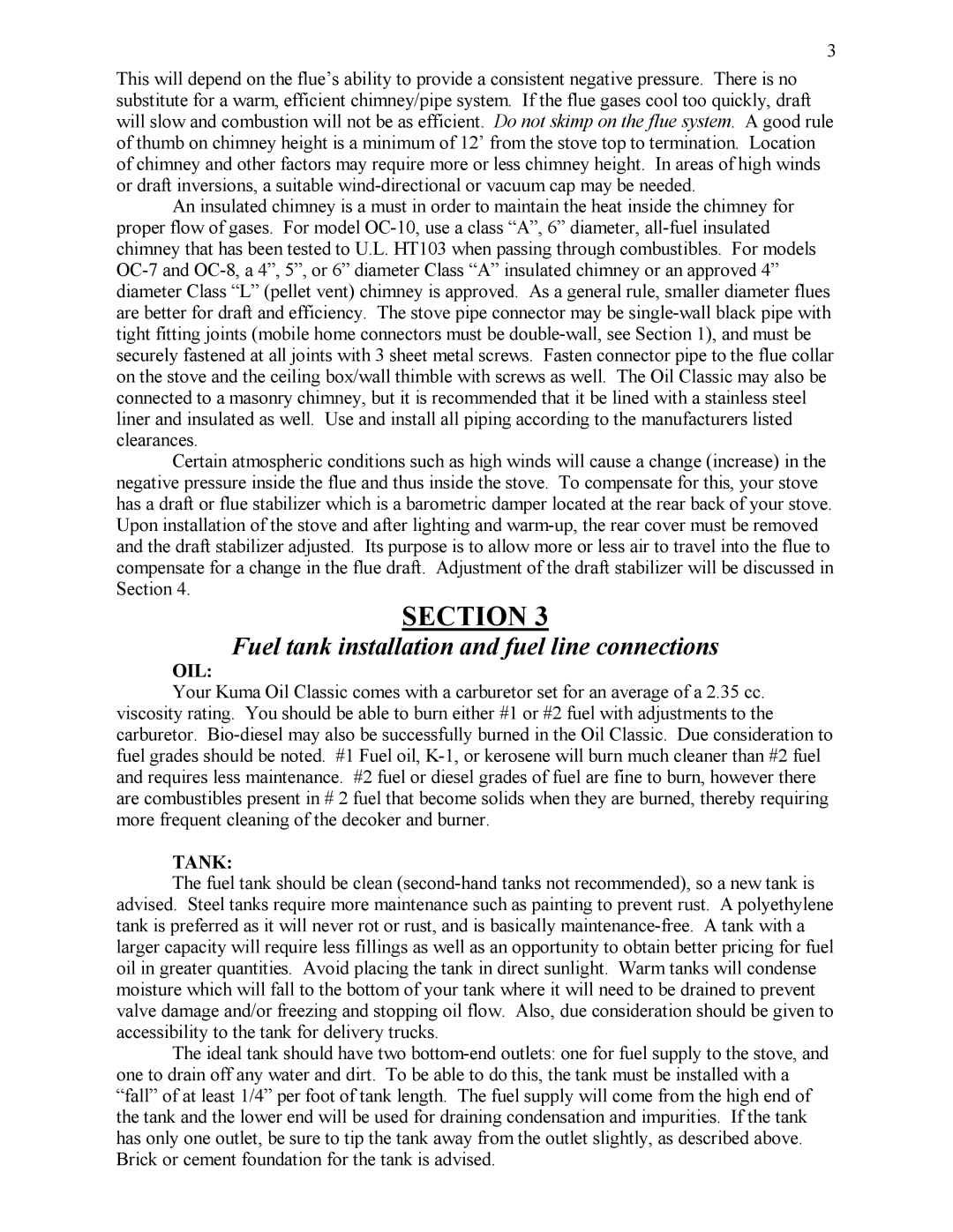 Kuma Stoves OC-8, OC-7, OC-10 user manual Fuel tank installation and fuel line connections, Oil, Tank 