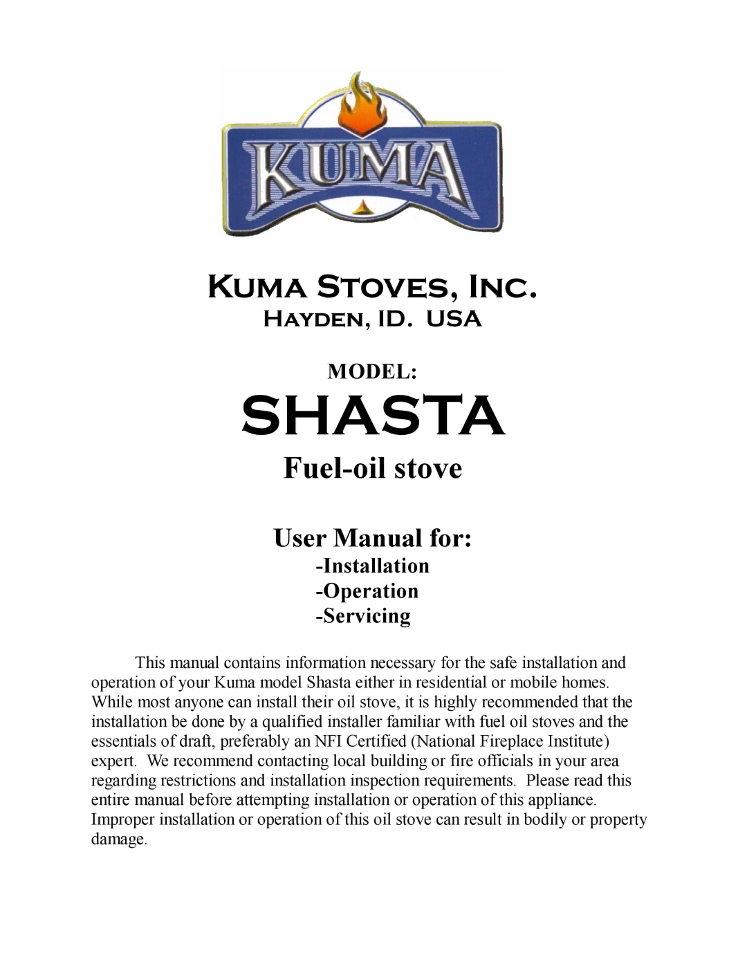 Kuma Stoves SHASTA user manual Shasta 