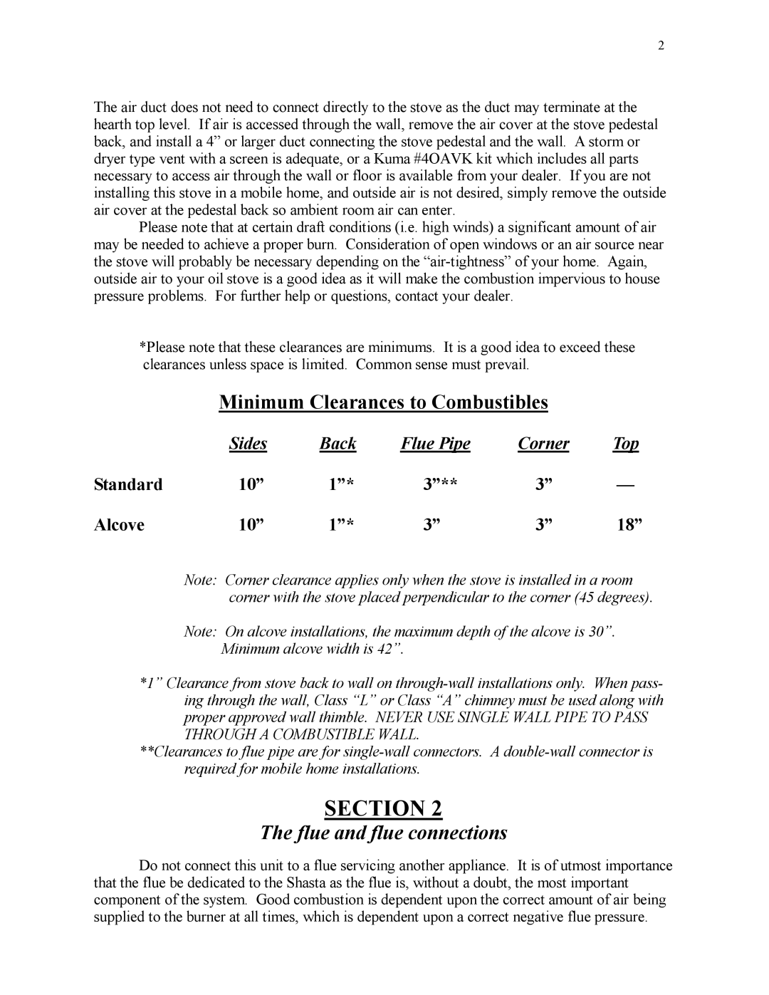 Kuma Stoves SHASTA user manual Minimum Clearances to Combustibles, Flue and flue connections 