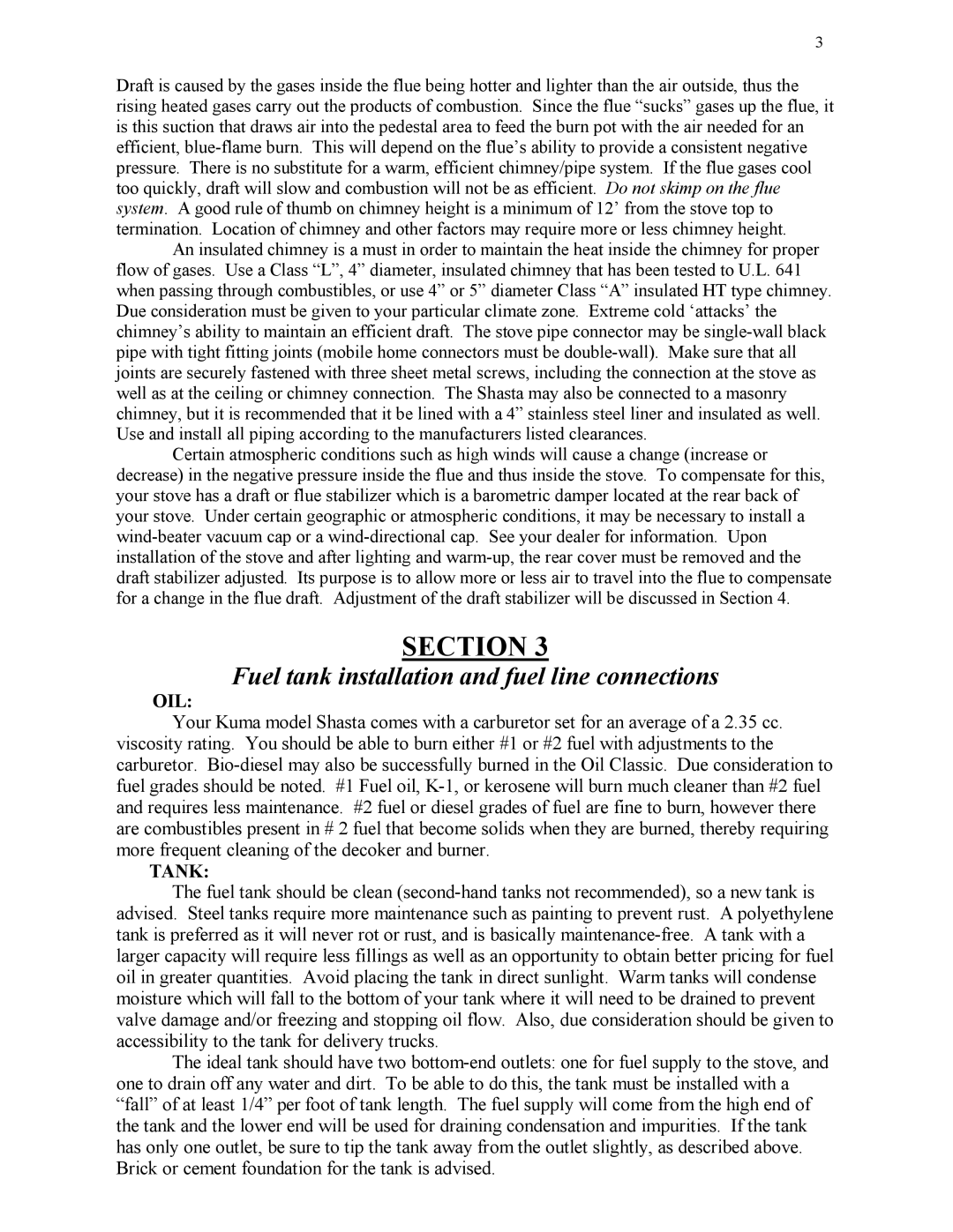 Kuma Stoves SHASTA user manual Fuel tank installation and fuel line connections, Oil, Tank 