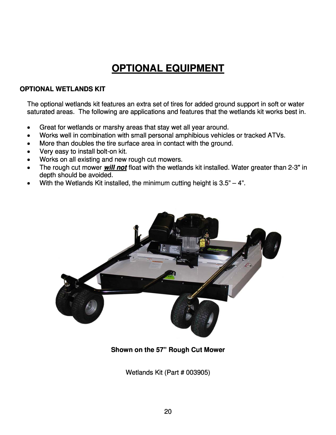 Kunz MR44K, MR44B owner manual Optional Equipment, Optional Wetlands Kit, Shown on the 57” Rough Cut Mower 