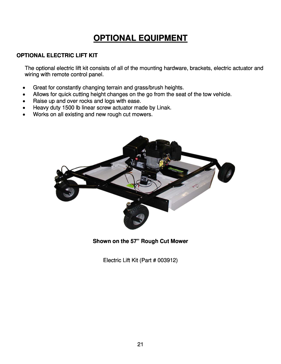 Kunz MR44B, MR44K owner manual Optional Electric Lift Kit, Optional Equipment, Shown on the 57” Rough Cut Mower 