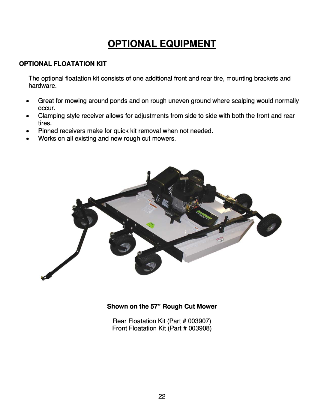 Kunz MR44K, MR44B owner manual Optionaluequipment, Optional Floatation Kit, Shown on the 57” Rough Cut Mower 