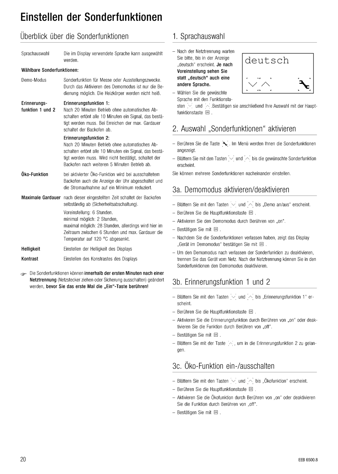 Kuppersbusch USA EEB 6500.8 installation manual BáåëíÉääÉå=ÇÉê=pçåÇÉêÑìåâíáçåÉå, Deutsch 