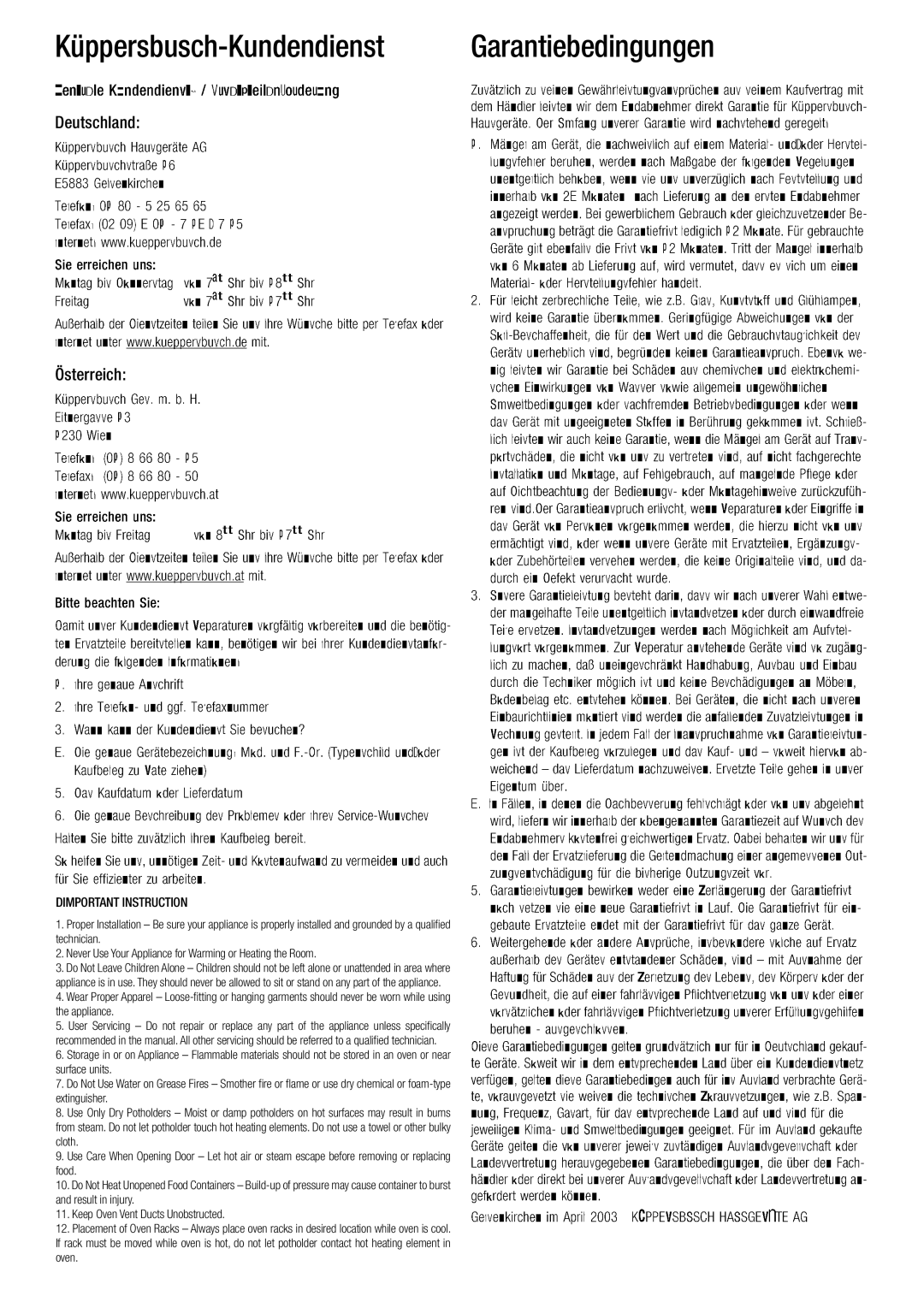 Kuppersbusch USA EEB 6500.8 installation manual HΩééÉêëÄìëÅÜJhìåÇÉåÇáÉåëí d~ê~åíáÉÄÉÇáåÖìåÖÉå=, AÉìíëÅÜä~åÇW= £ëíÉêêÉáÅÜW 