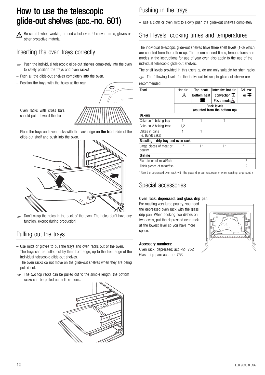 Kuppersbusch USA EEB 9600.0 manual Inserting the oven trays correctly, Pulling out the trays, Pushing in the trays 