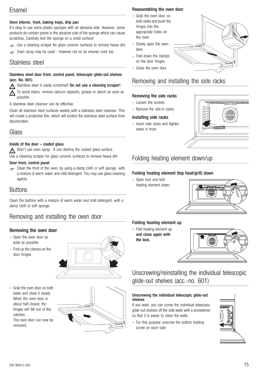 Kuppersbusch USA EEB 9600.0 manual Enamel, Stainless steel, Glass, Buttons, Removing and installing the oven door 