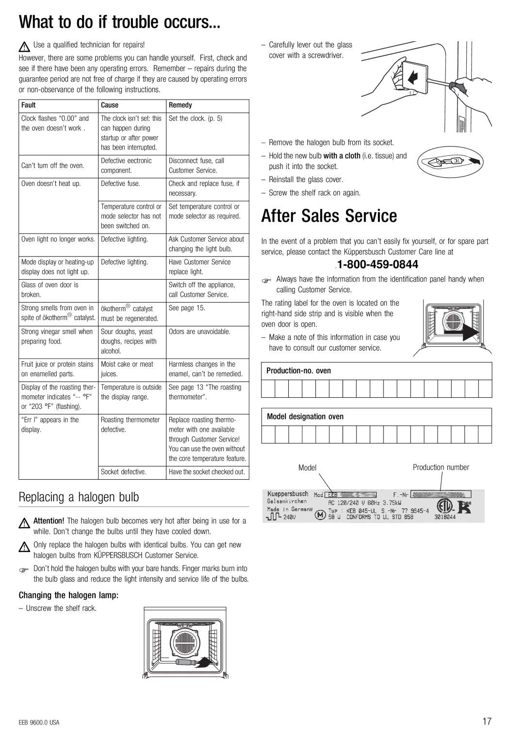 Kuppersbusch USA EEB 9600.0 manual After Sales Service, Replacing a halogen bulb, Changing the halogen lamp 