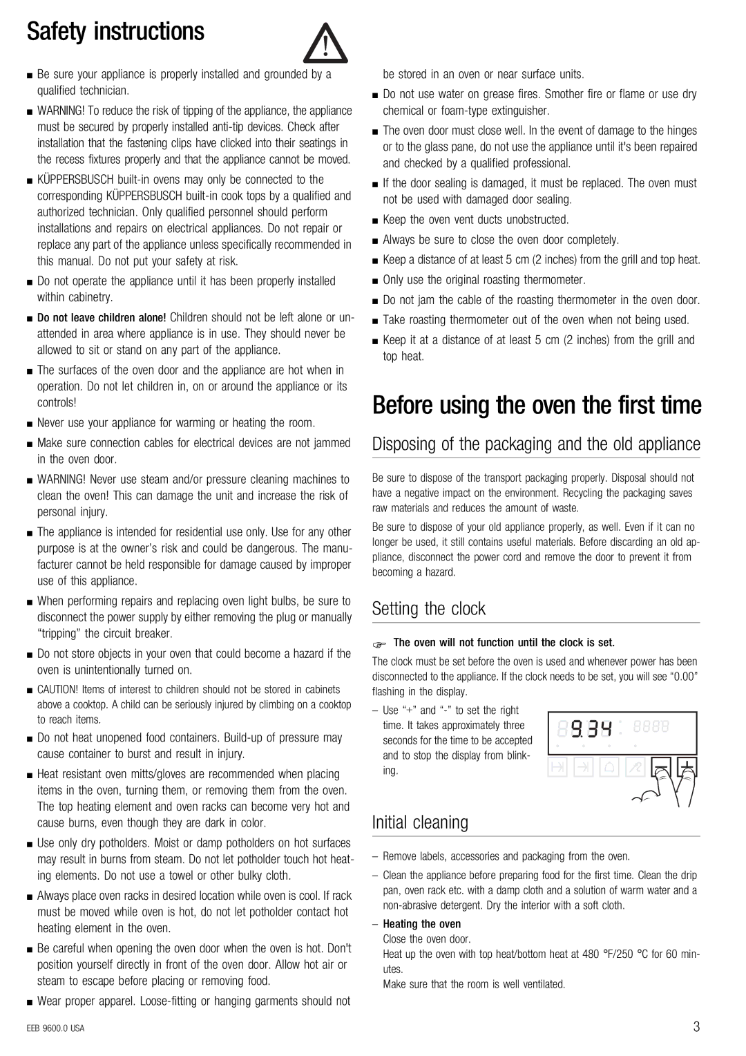 Kuppersbusch USA EEB 9600.0 manual Safety instructions, Setting the clock, Initial cleaning 