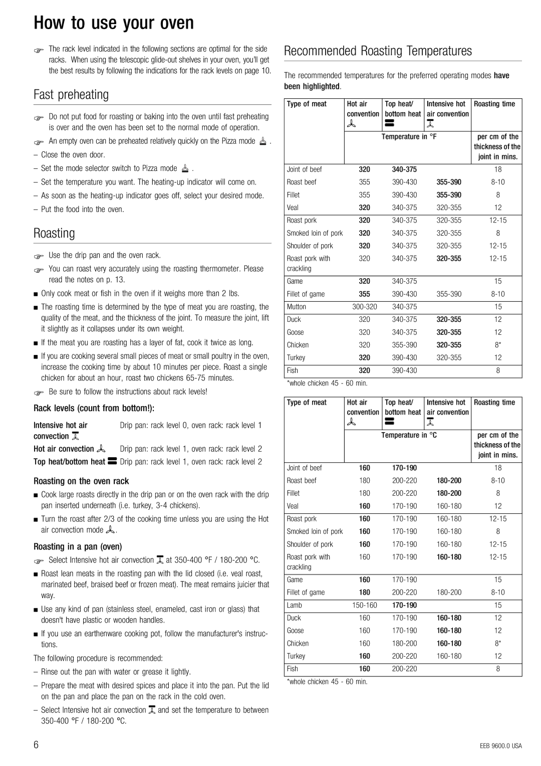 Kuppersbusch USA EEB 9600.0 manual How to use your oven, Fast preheating, Recommended Roasting Temperatures 