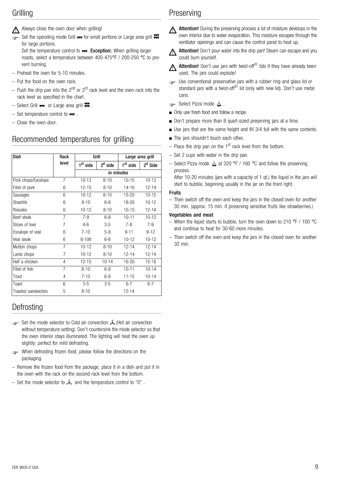 Kuppersbusch USA EEB 9600.0 manual Grilling Preserving, Recommended temperatures for grilling, Defrosting, Fruits 