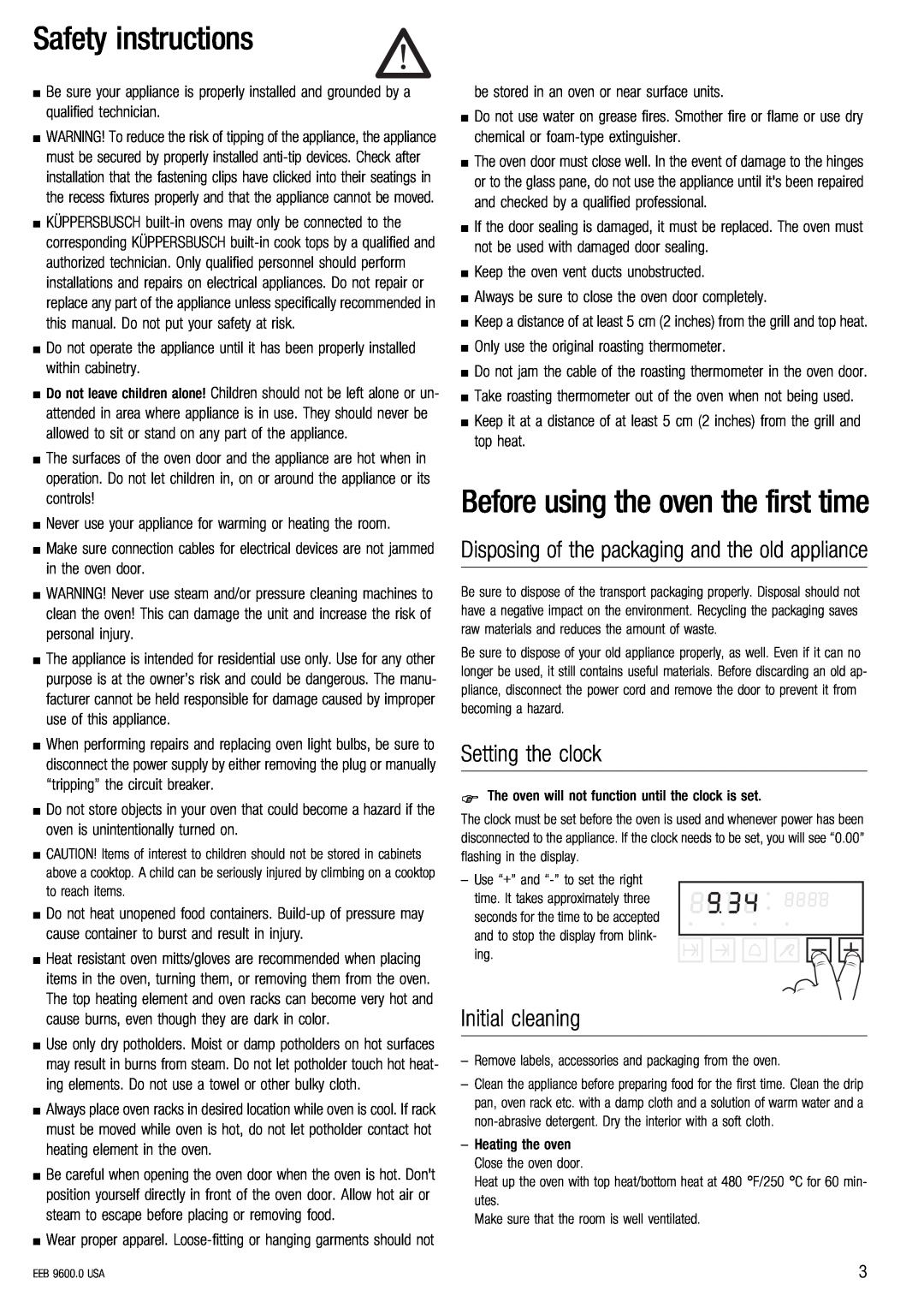 Kuppersbusch USA EEB 9600.0 Safety instructions, Setting the clock, Initial cleaning, Before using the oven the first time 
