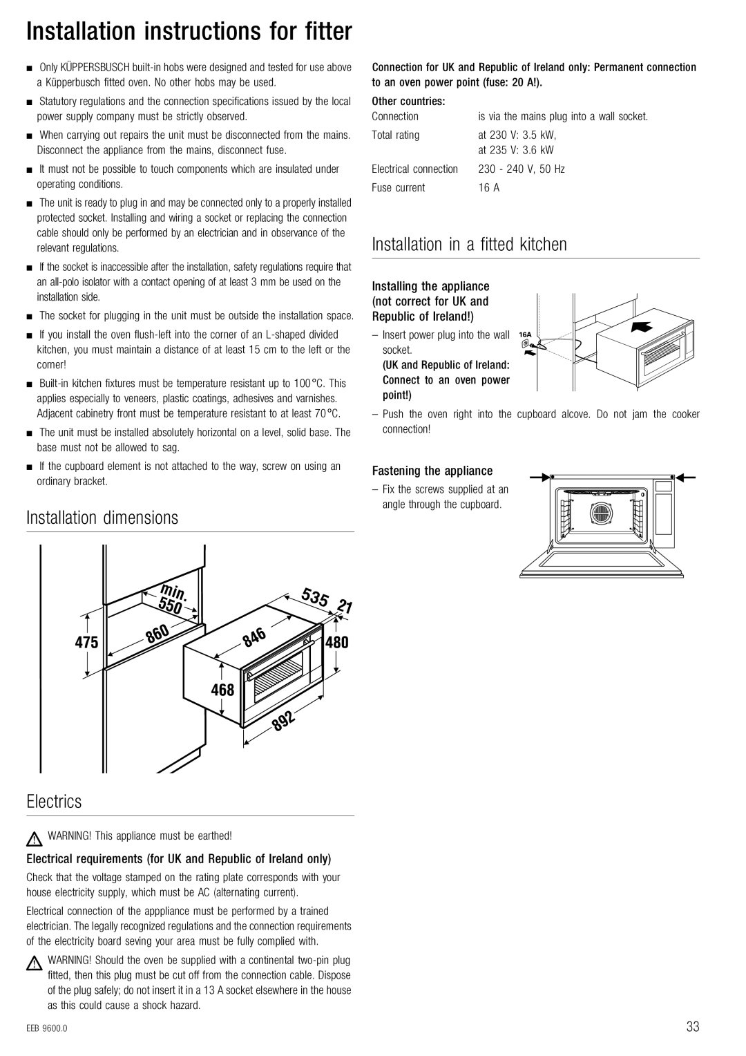 Kuppersbusch USA EEB 9600.5 Fåëí~ää~íáçå=ÇáãÉåëáçåë BäÉÅíêáÅë, Fåëí~ää~íáçå=áå=~=ÑáííÉÇ=âáíÅÜÉå, ~ëíÉåáåÖ=íÜÉ=~ééäá~åÅÉ 