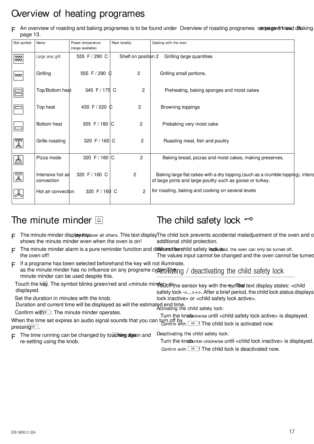 Kuppersbusch USA EEB 9800.0 manual Overview of heating programes, Child safety lock h, Activating the child safety lock 