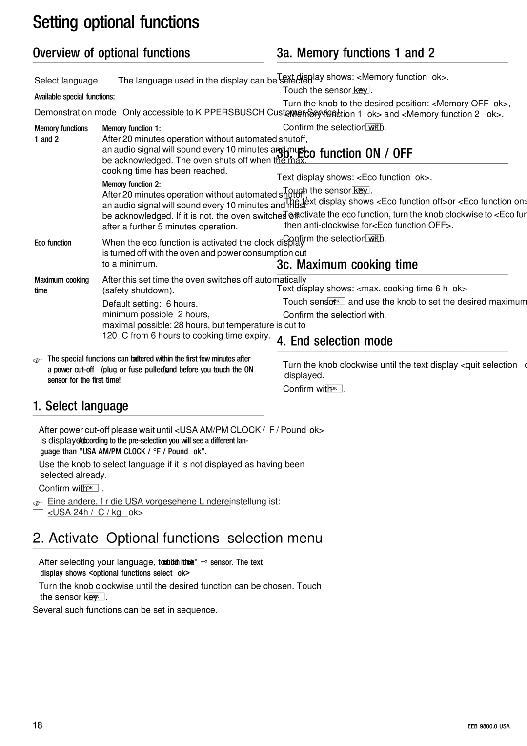 Kuppersbusch USA EEB 9800.0 manual Setting optional functions 