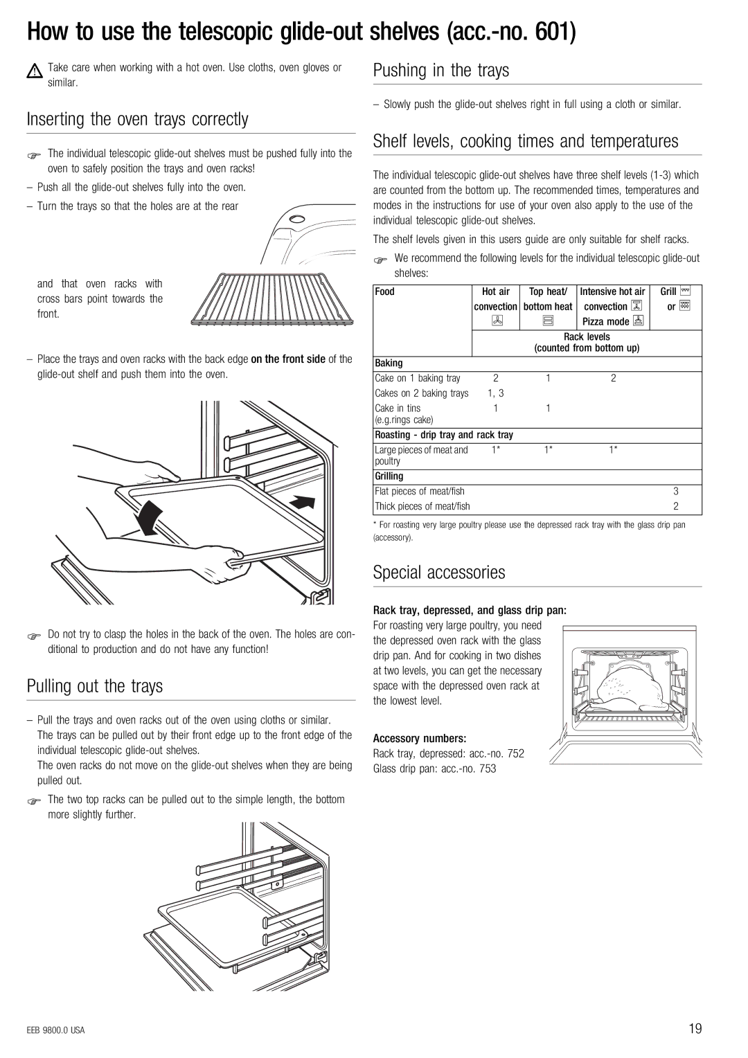 Kuppersbusch USA EEB 9800.0 manual Pushing in the trays, Inserting the oven trays correctly, Special accessories 