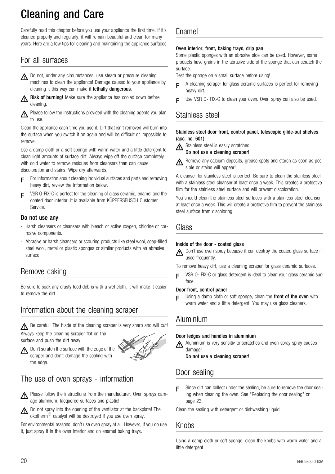 Kuppersbusch USA EEB 9800.0 manual Cleaning and Care 