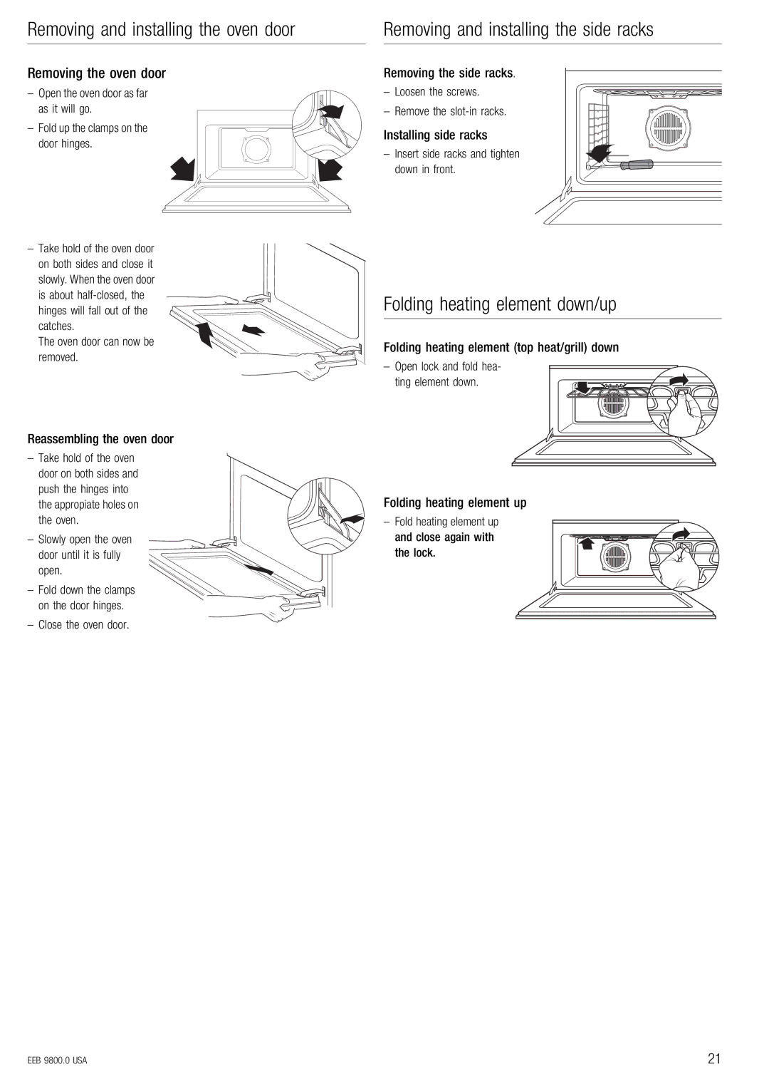 Kuppersbusch USA EEB 9800.0 manual Removing and installing the oven door, Removing and installing the side racks 