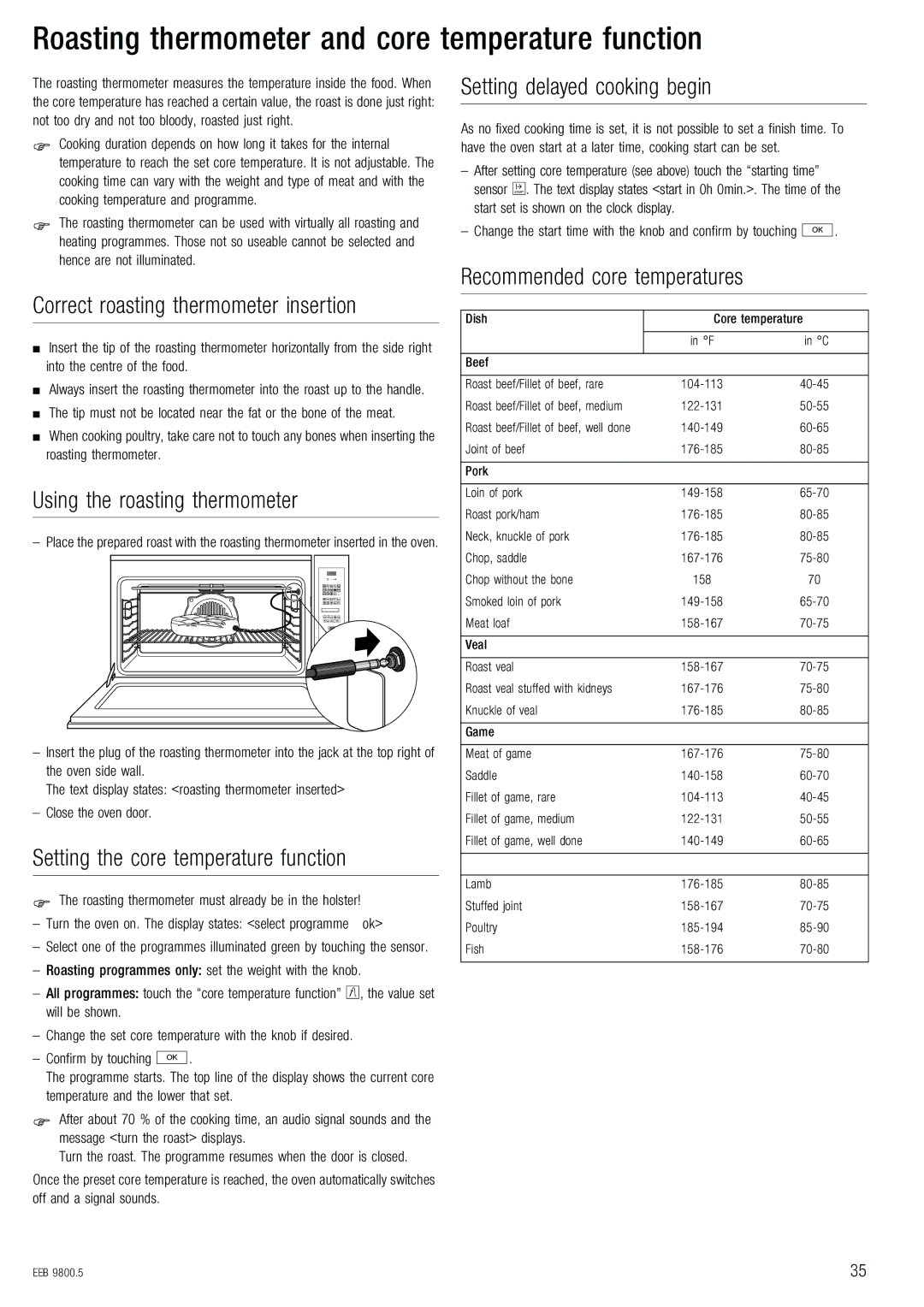 Kuppersbusch USA EEB 9800.5 installation manual RëáåÖ=íÜÉ=êç~ëíáåÖ=íÜÉêãçãÉíÉê=, PÉííáåÖ=íÜÉ=ÅçêÉ=íÉãéÉê~íìêÉ=ÑìåÅíáçå 