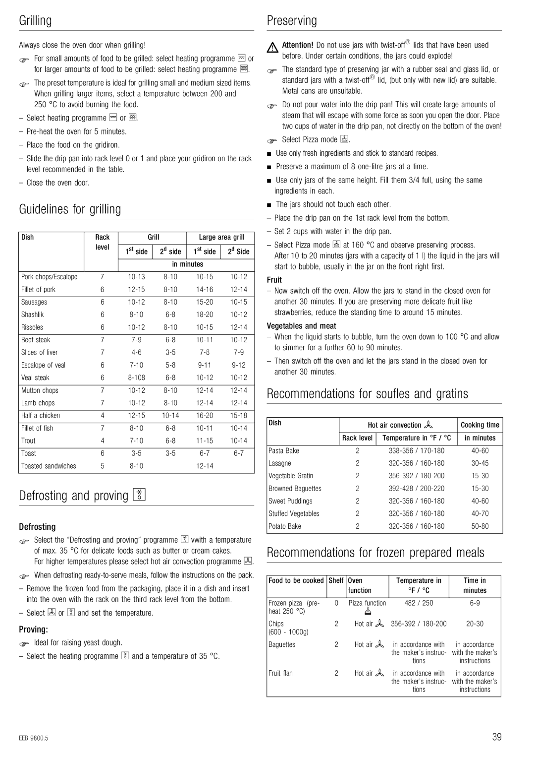 Kuppersbusch USA EEB 9800.5 installation manual DêáääáåÖ MêÉëÉêîáåÖ, DìáÇÉäáåÉë=Ñçê=ÖêáääáåÖ, AÉÑêçëíáåÖ=~åÇ=éêçîáåÖ= 