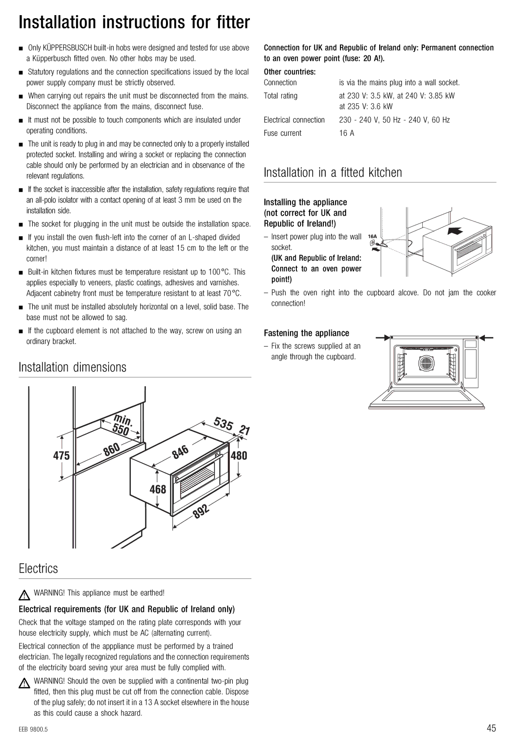 Kuppersbusch USA EEB 9800.5 Fåëí~ää~íáçå=ÇáãÉåëáçåë BäÉÅíêáÅë, Fåëí~ää~íáçå=áå=~=ÑáííÉÇ=âáíÅÜÉå, ~ëíÉåáåÖ=íÜÉ=~ééäá~åÅÉ 