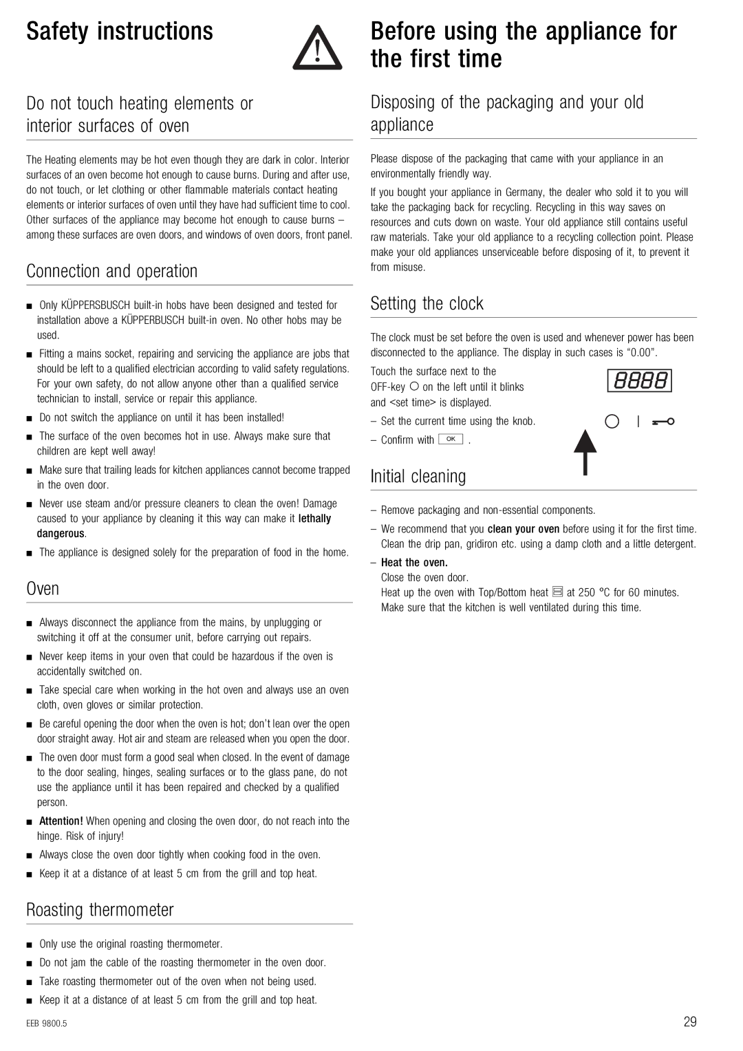 Kuppersbusch USA EEB 9800.5 installation manual ~ÑÉíó=áåëíêìÅíáçåë 