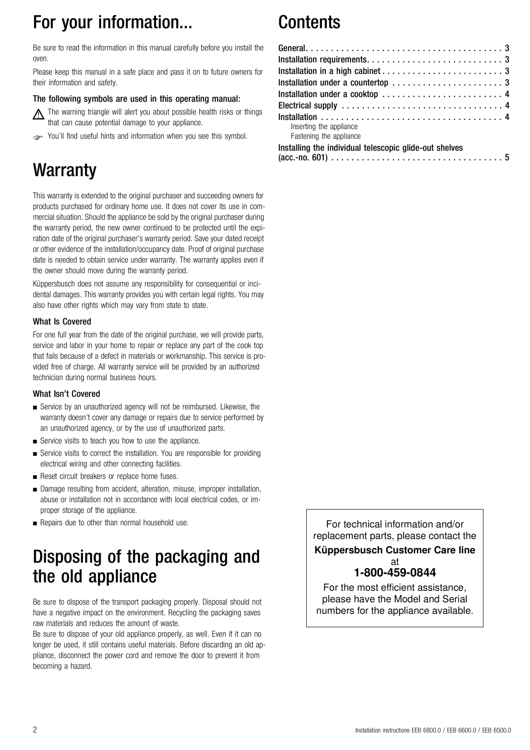 Kuppersbusch USA EGS 304.2 For your information, Warranty, Disposing of the packaging and the old appliance, Contents 