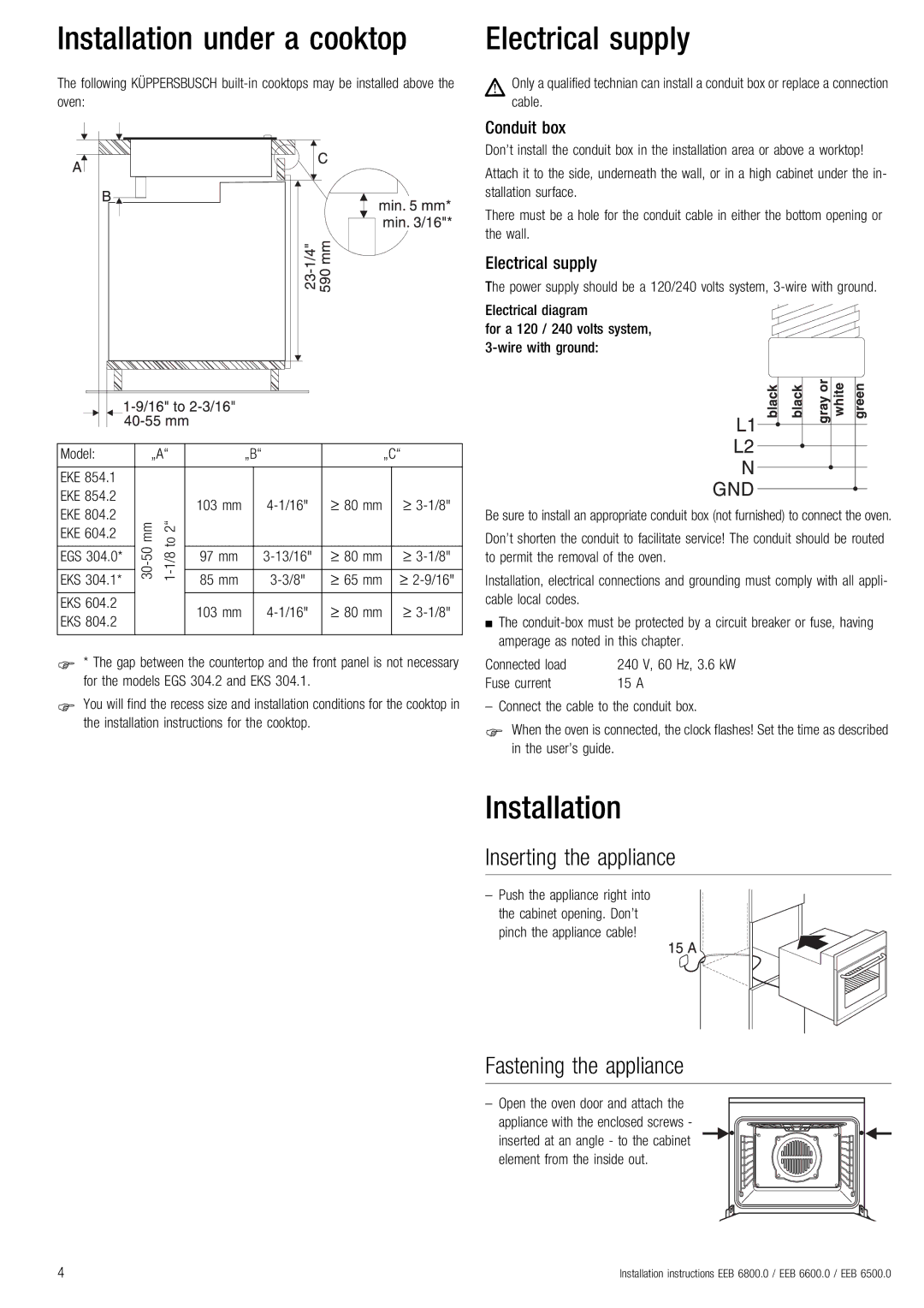 Kuppersbusch USA EGS 304.2, EKS 304.1 Installation under a cooktop, Electrical supply, Model EKE, Eks 