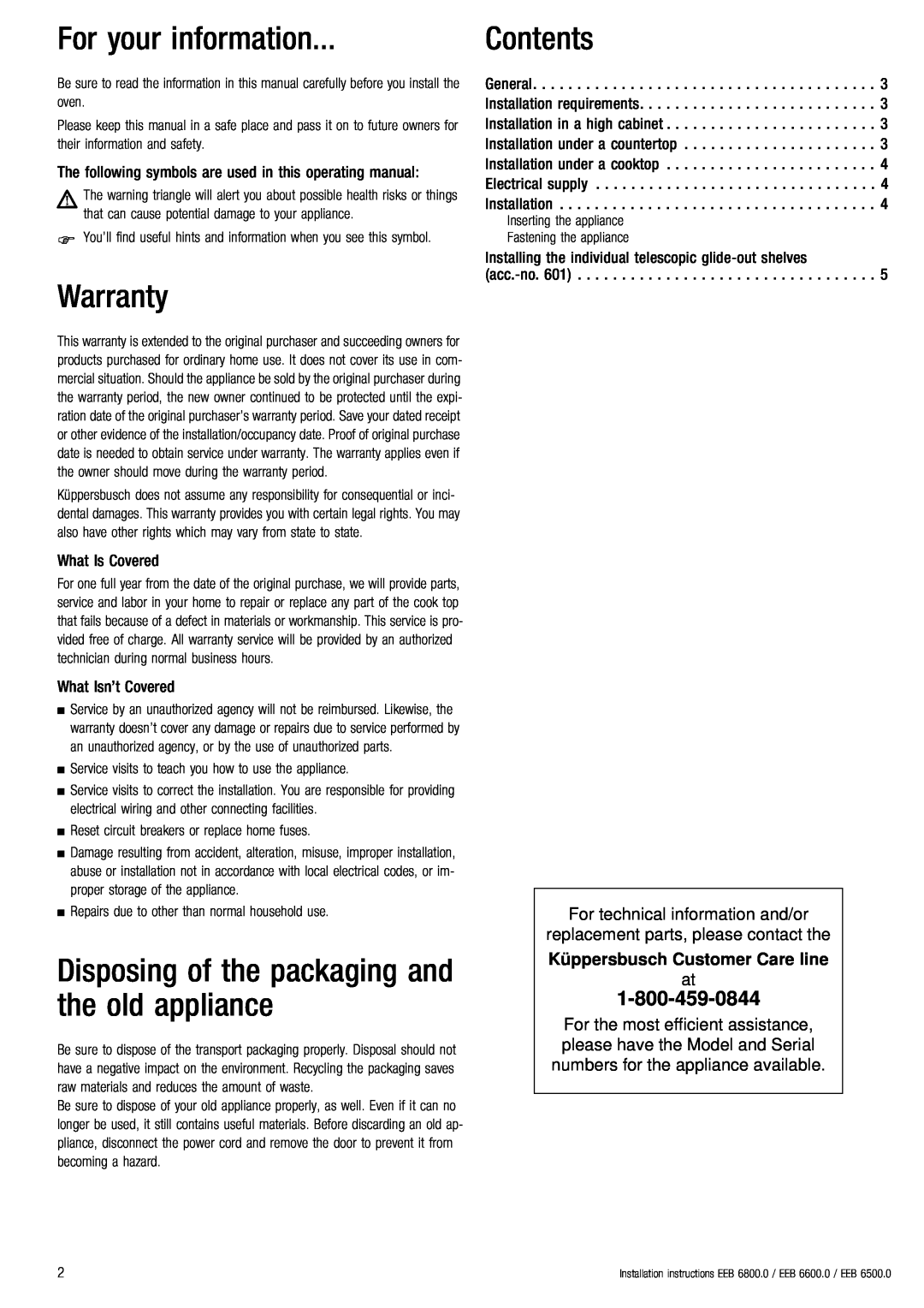 Kuppersbusch USA EGS 304.2 For your information, Warranty, Disposing of the packaging and the old appliance, Contents 