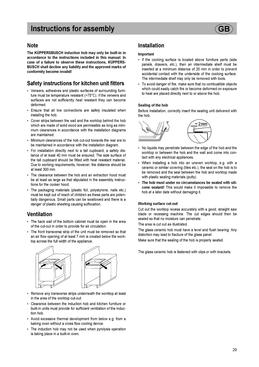 Kuppersbusch USA EKI 407.0M Instructions for assembly, Safety instructions for kitchen unit fitters, Ventilation 