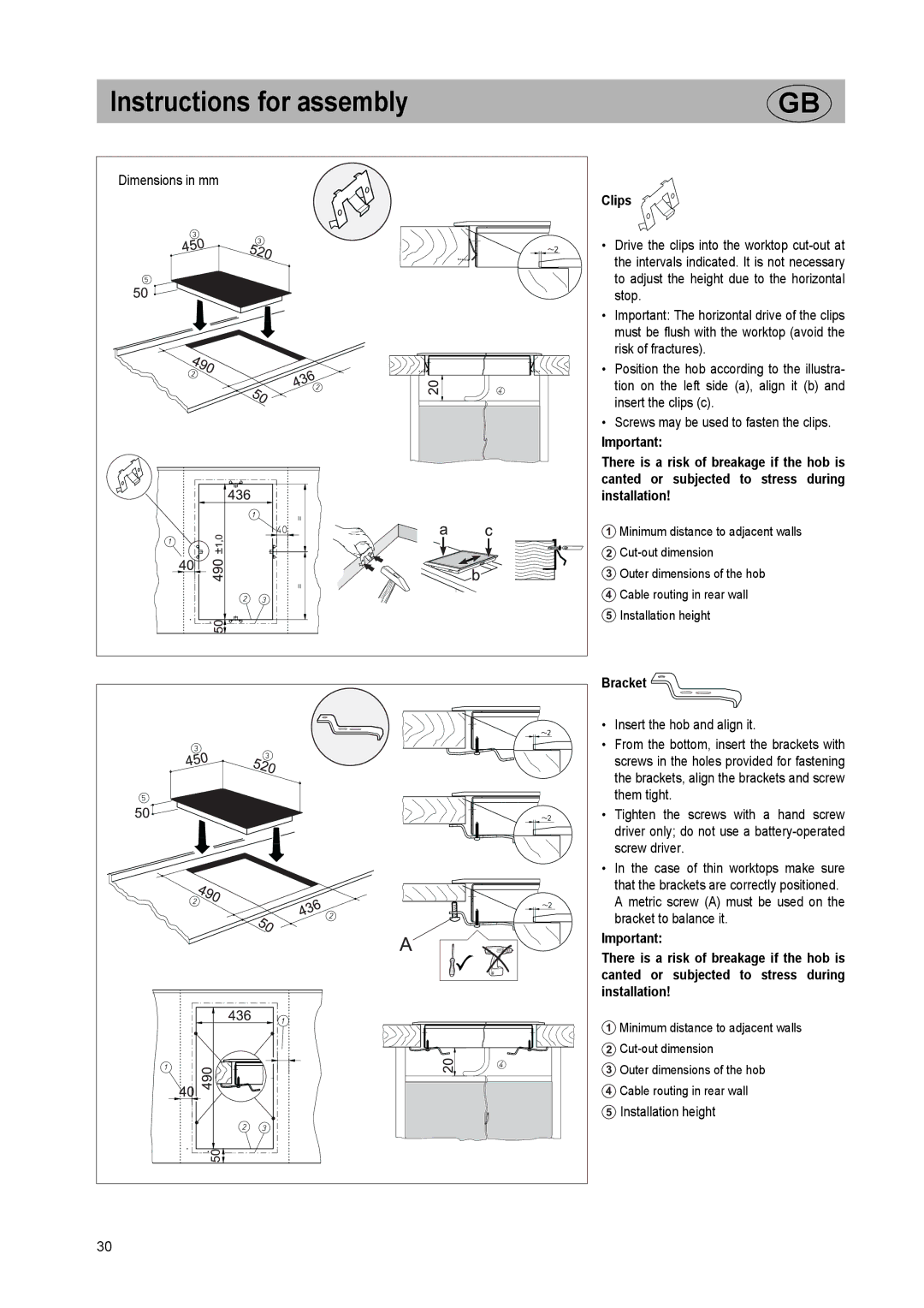 Kuppersbusch USA EKI 407.0M installation instructions Clips, Bracket, Installation height 