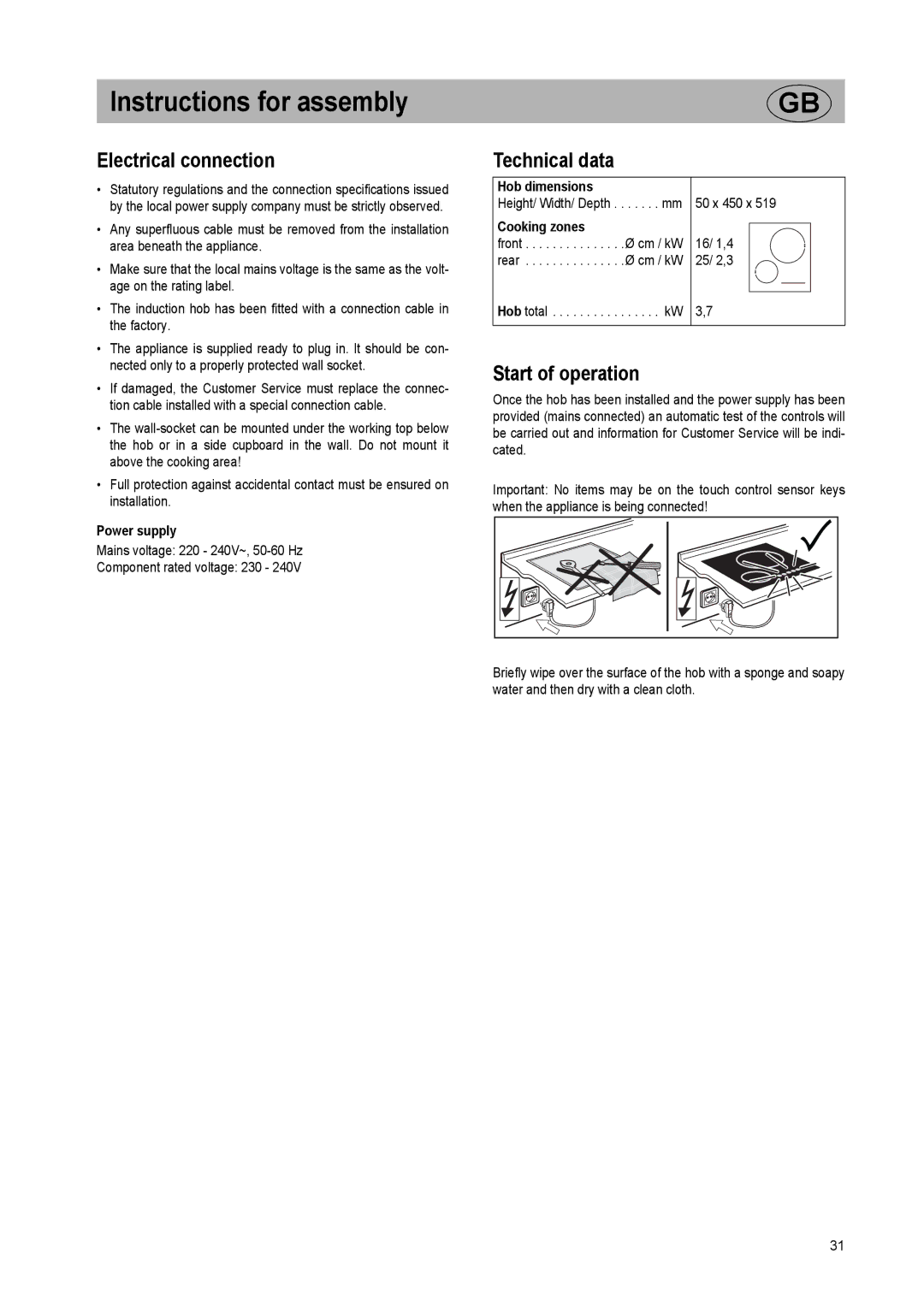 Kuppersbusch USA EKI 407.0M installation instructions Electrical connection, Technical data, Start of operation 