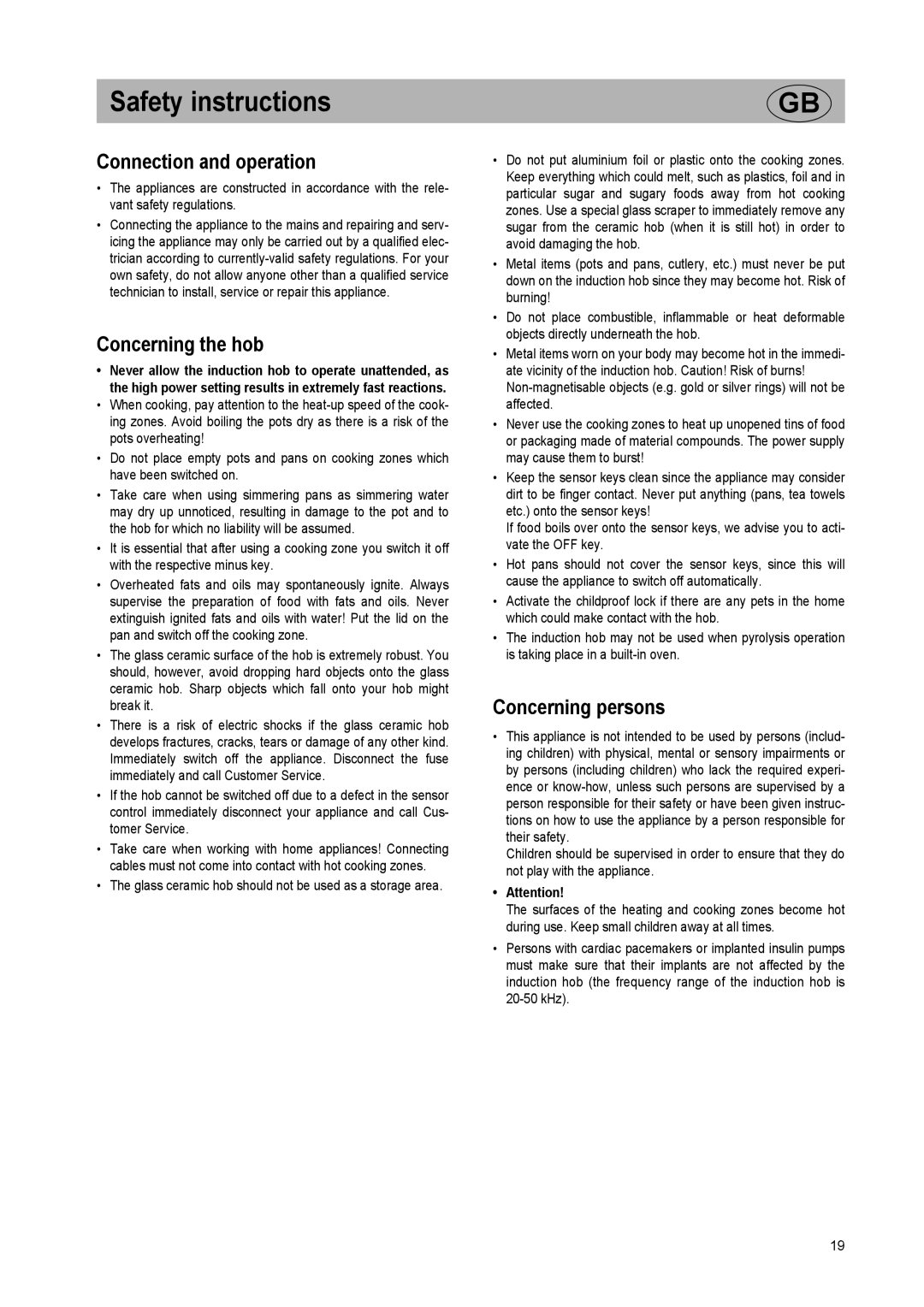 Kuppersbusch USA EKI 407.0M Safety instructions, Connection and operation, Concerning the hob, Concerning persons 