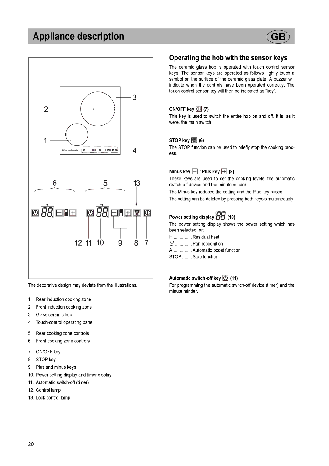 Kuppersbusch USA EKI 407.0M installation instructions Appliance description, Operating the hob with the sensor keys 